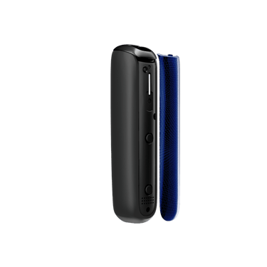 Ploom AURA front panels with Navy Blue Augmented Pattern placed on a table.