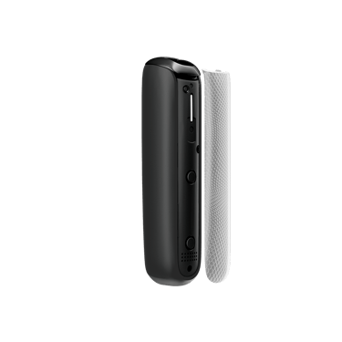 Widok z boku akcesorium do panelu przedniego Ploom Aura w kolorze Jet Black Augmented Pattern.
