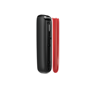 Widok z boku akcesorium do panelu przedniego Ploom Aura w kolorze Lava Red.