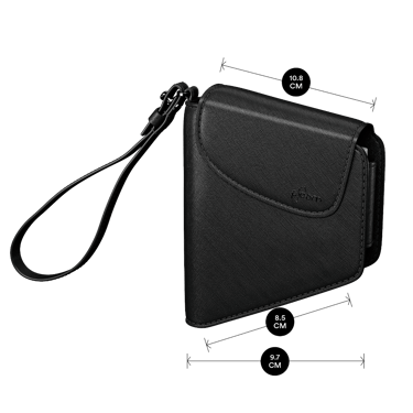 Ploom Jet Black Solor Carry Case shown with product dimensions: 10.2cm height x 2.2 cm width and 2.2 cm depth