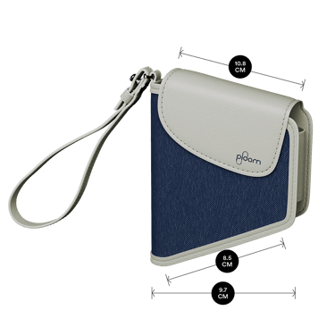 Ploom Denim Leather Fusion Duo Carry Case shown with product dimensions: 10.2cm height x 2.2 cm width and 2.2 cm depth
