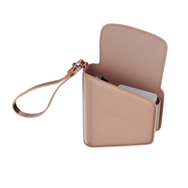 Widok z boku na pusty i otwarty futerał Rose Gold Duo
