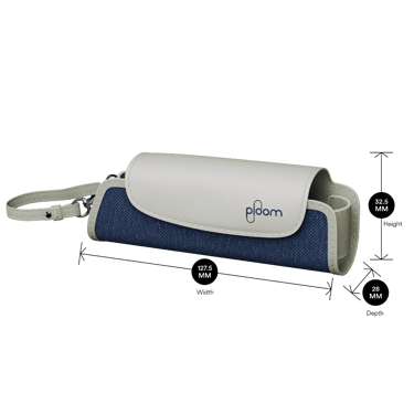 Ploom Denim Leather Fusion Solo Carry Case shown with product dimensions: 32.5 cm height x 12.75 cm width and 2.8 cm depth