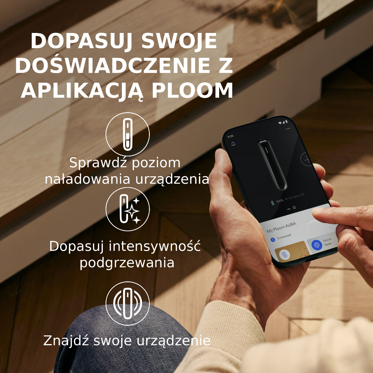 Za pomocą dedykowanej aplikacji możesz zarządzać urządzeniem Ploom AURA