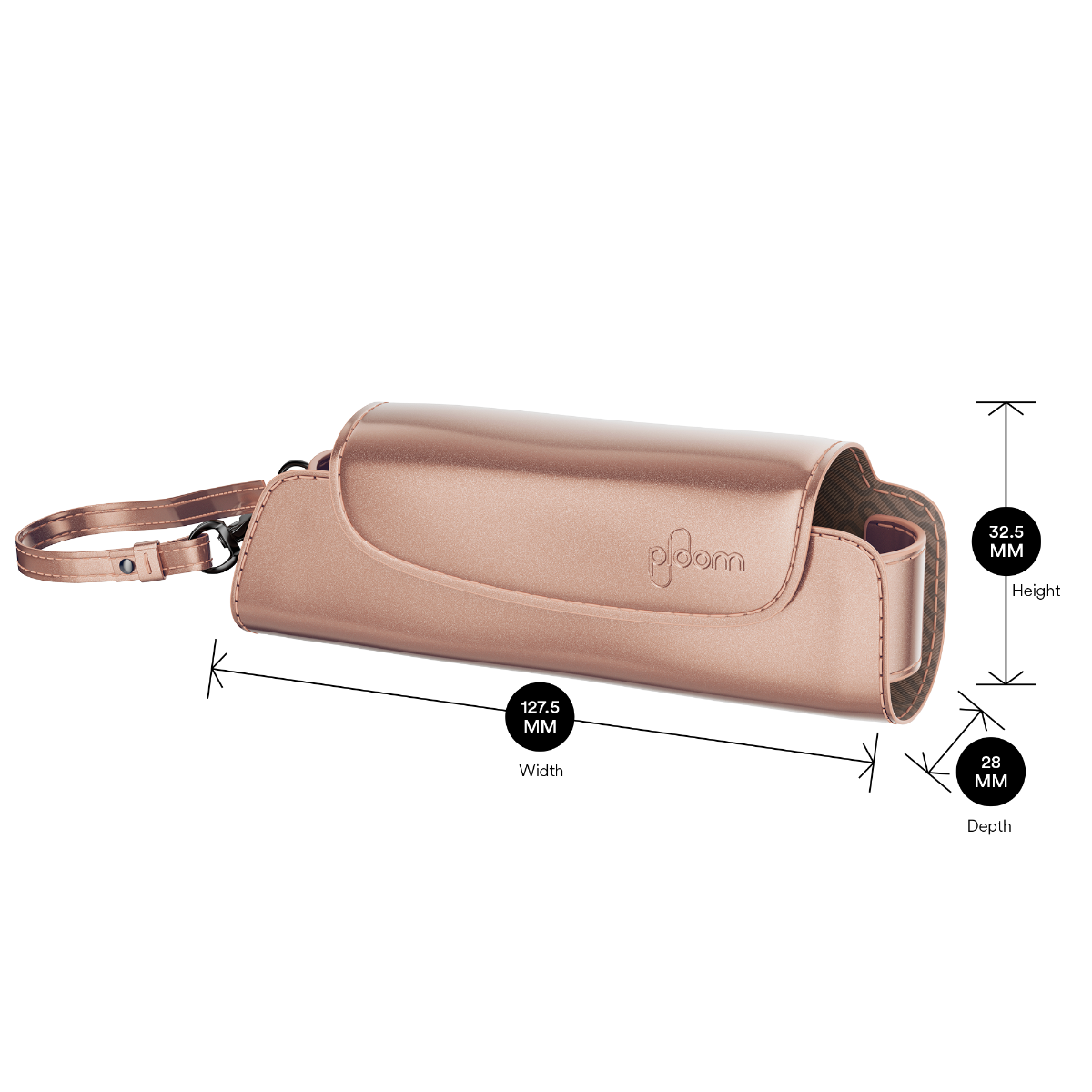 Ploom Rose Gold Solo Carry Case shown with product dimensions: 32.5 cm height x 12.75 cm width and 2.8 cm depth